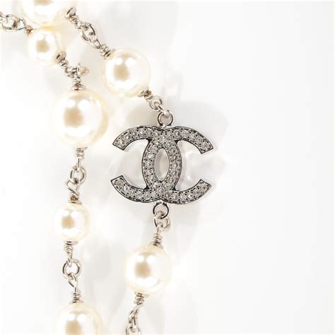 chanel crystal pearl cc long necklace silver